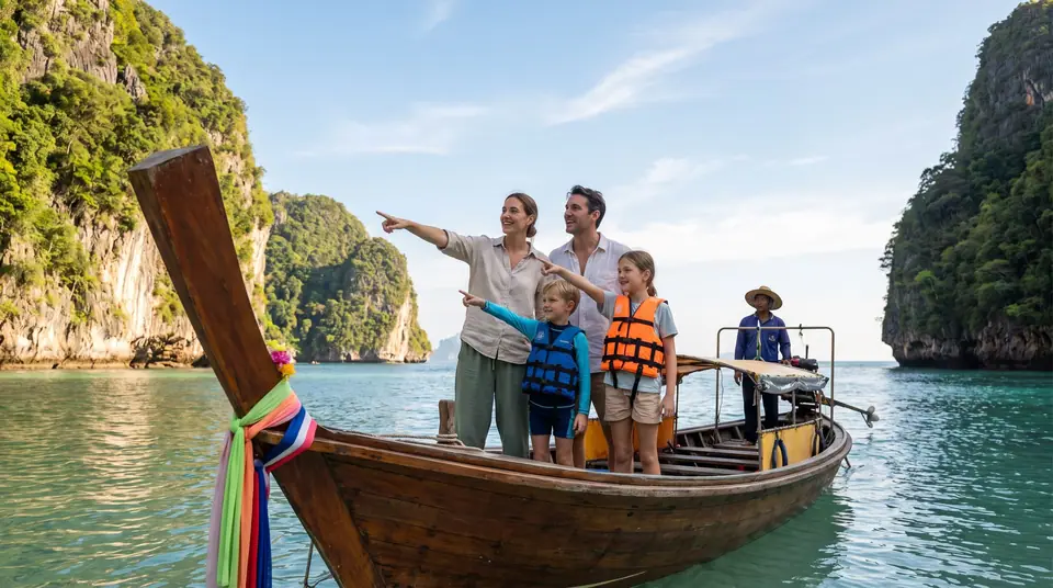 A family with two children in life jackets in a long-tail boat on turquoise water between limestone islands