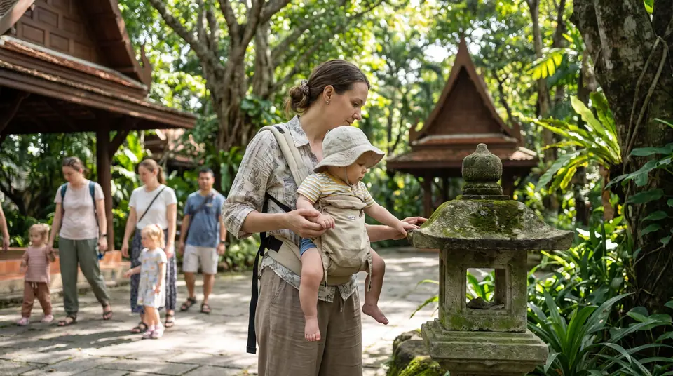 A mother carrying her baby in a soft carrier through a shaded temple garden, the baby in a sun hat