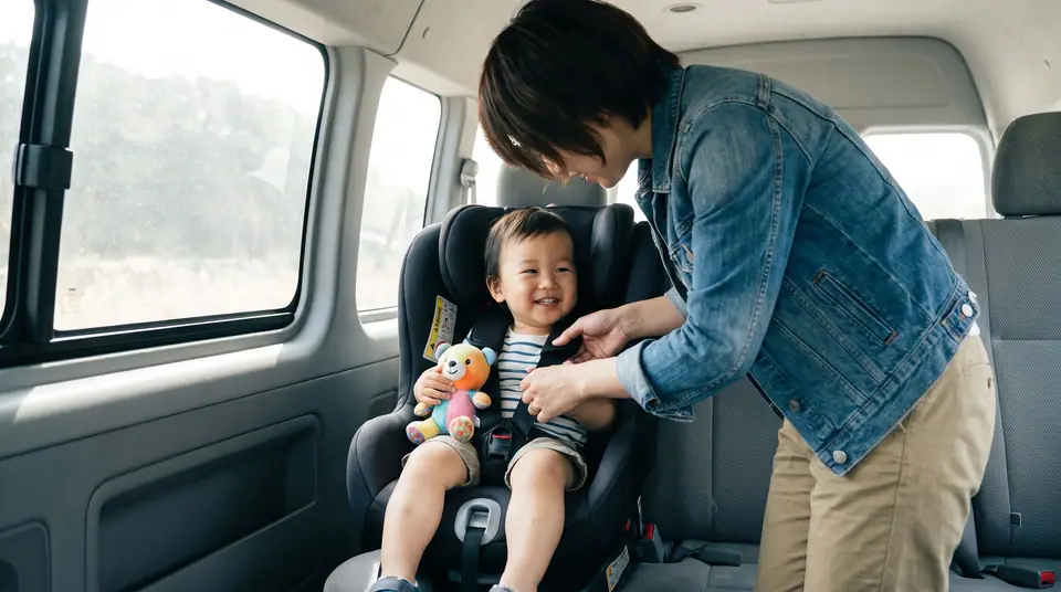 A parent checking the harness straps of a smiling toddler in a child seat in the back of a van