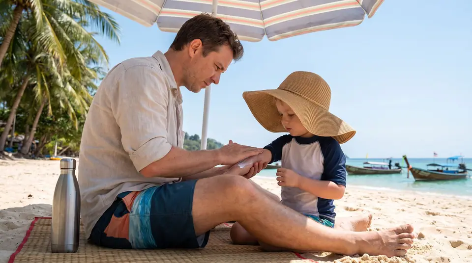 A parent applying sunscreen to a child in a sun hat under a beach umbrella