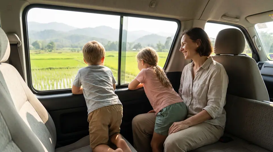 Two children looking out of a van window at green rice fields and hills, a parent smiling beside them