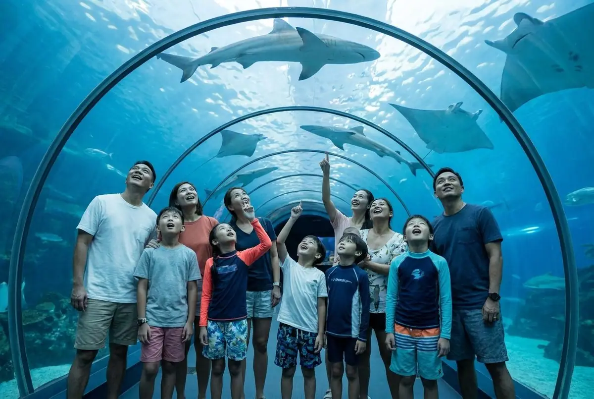 Children and parents looking up at sharks and rays swimming over a glass aquarium tunnel in blue light