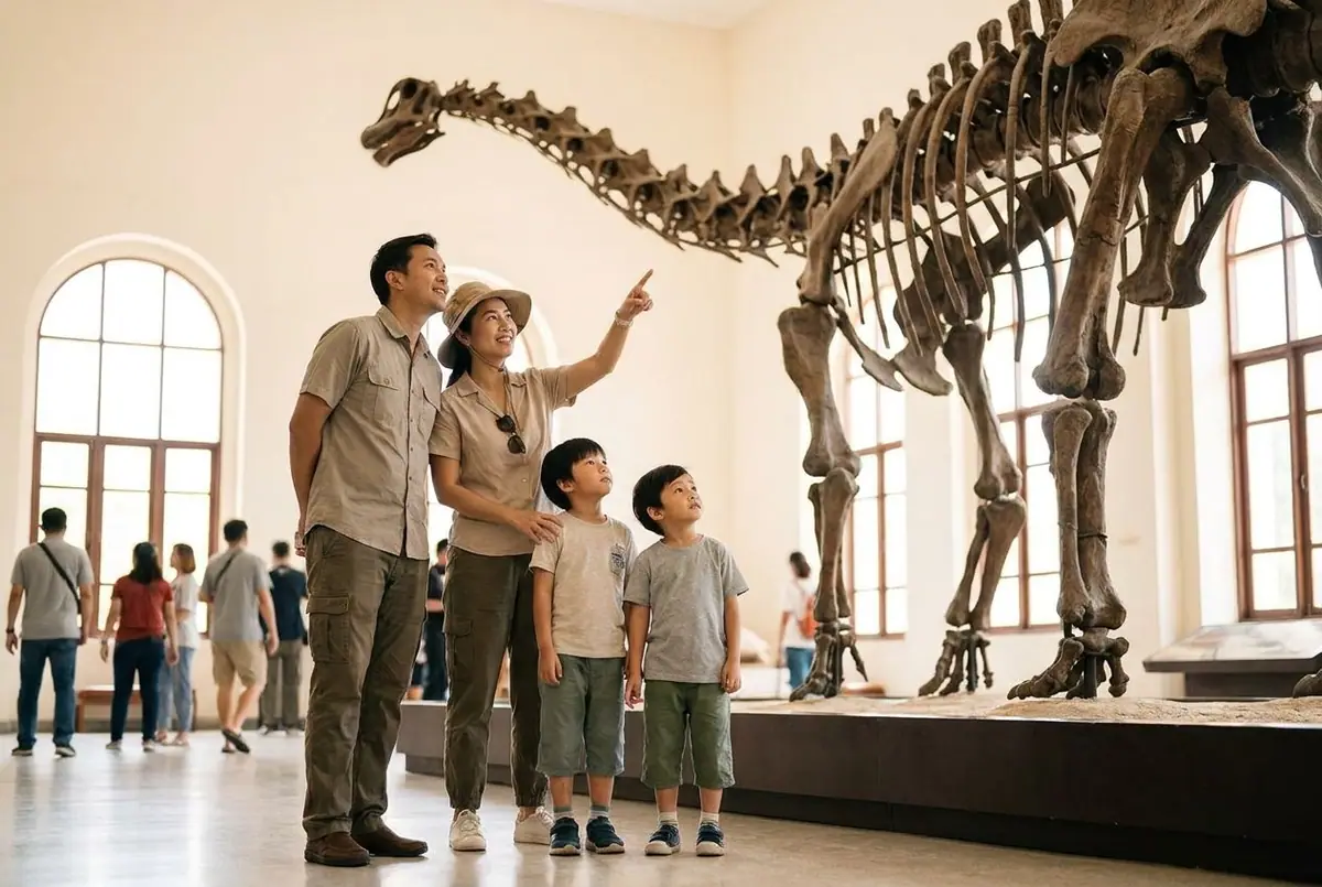 Children staring up at a large dinosaur skeleton in a bright museum hall while a parent points