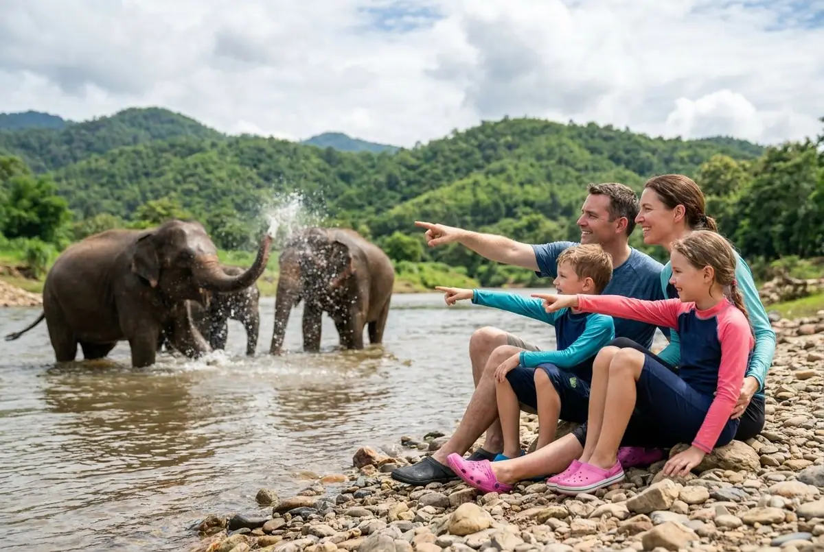 A family watching elephants bathe in a river from the bank at a sanctuary, green hills behind, no one riding