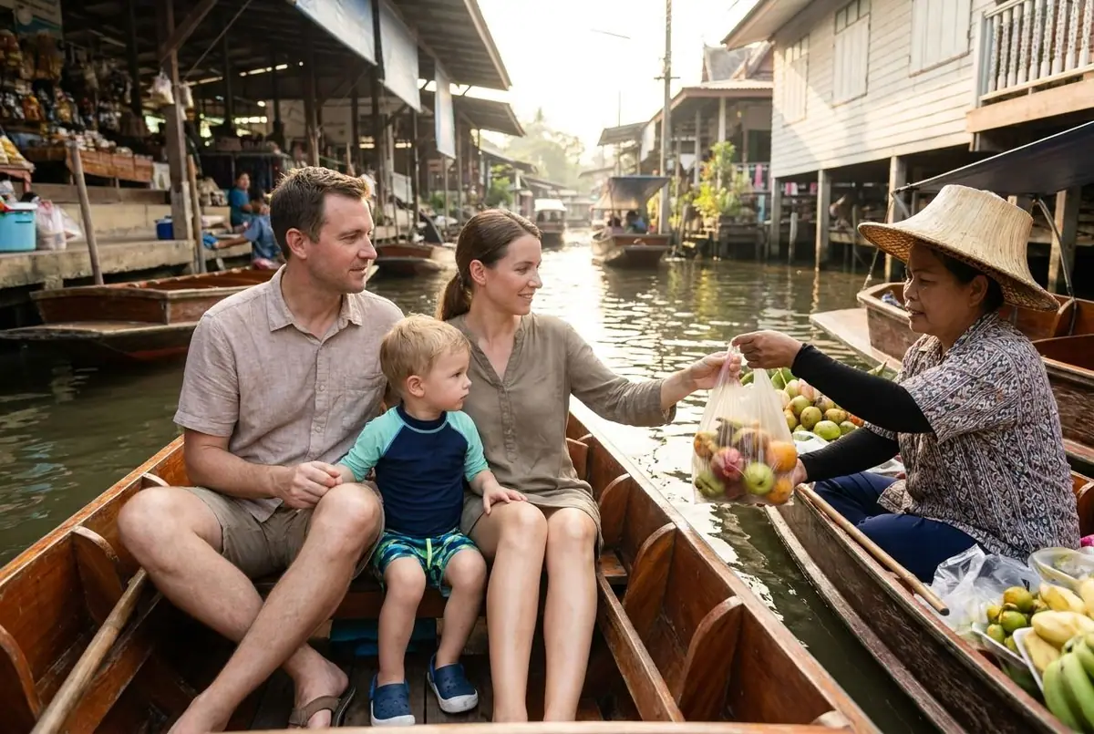 A family with a young child in a wooden paddle boat at a floating market, a vendor handing them a bag of fruit