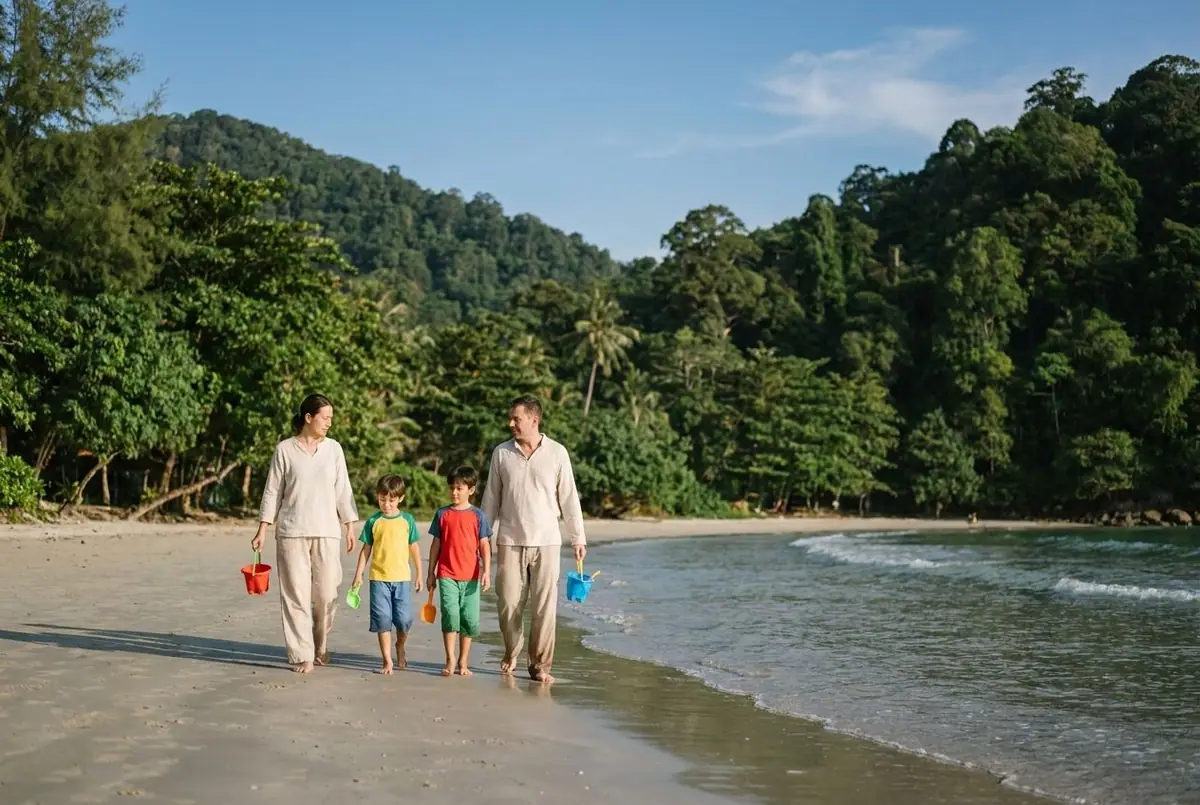 A family walking on a jungle-backed beach, children carrying buckets and spades, forested mountains behind
