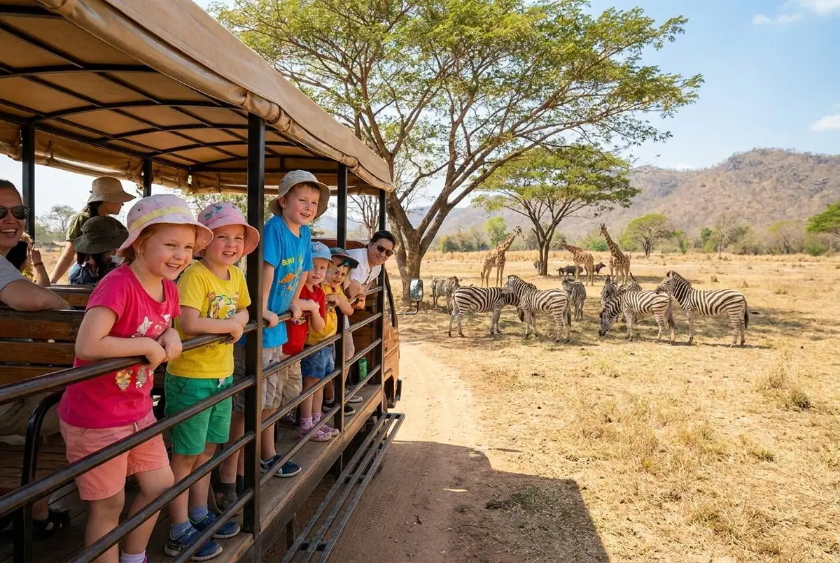 Children watching zebras and giraffes at a large open-air zoo on a sunny day