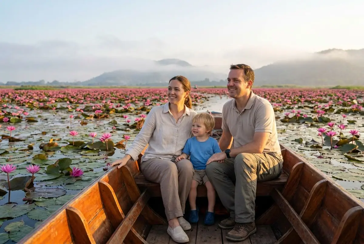 A family with a child in a small boat gliding across a lake covered in pink water lilies at sunrise
