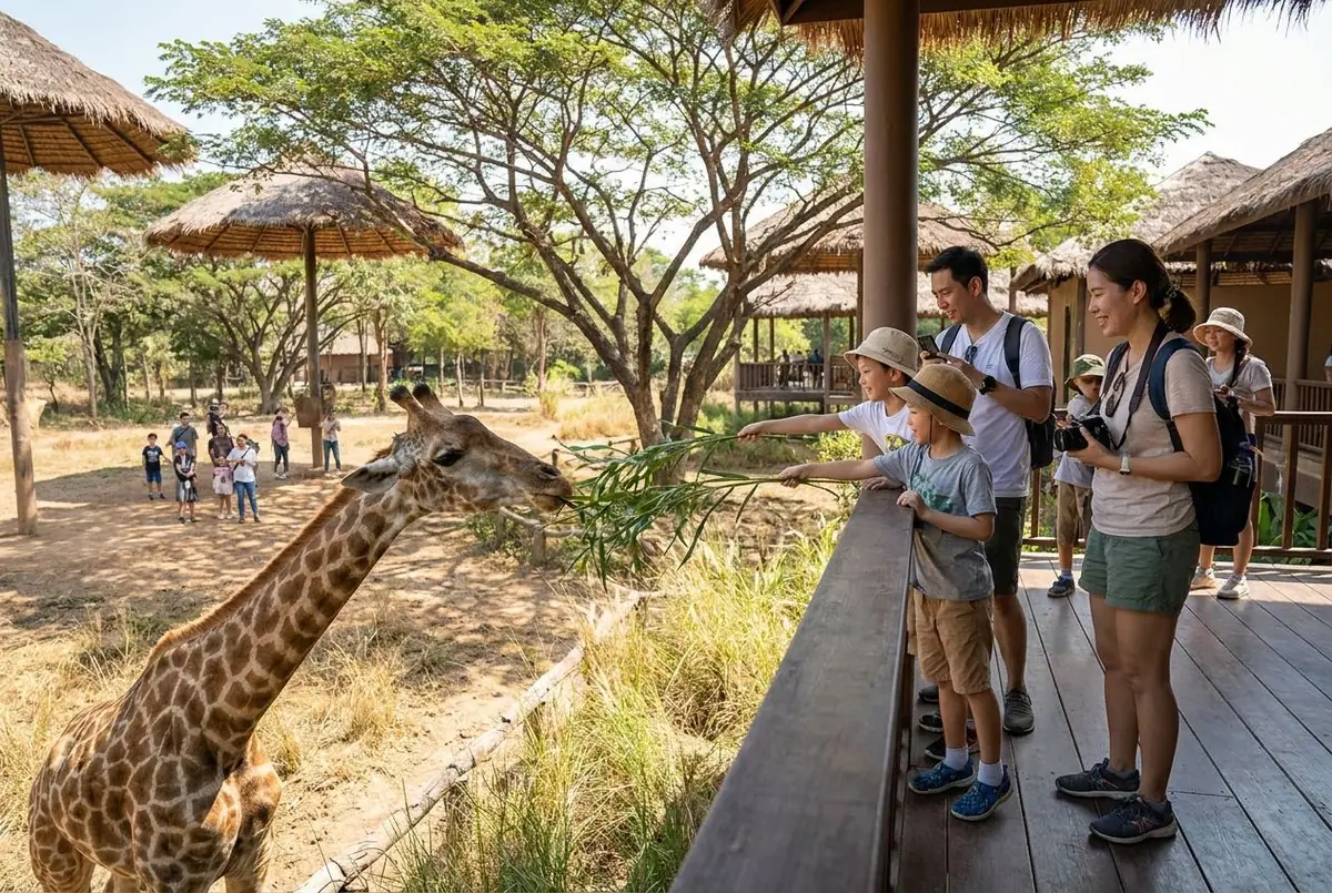 Children feeding a giraffe from a raised wooden platform at an open zoo while parents watch