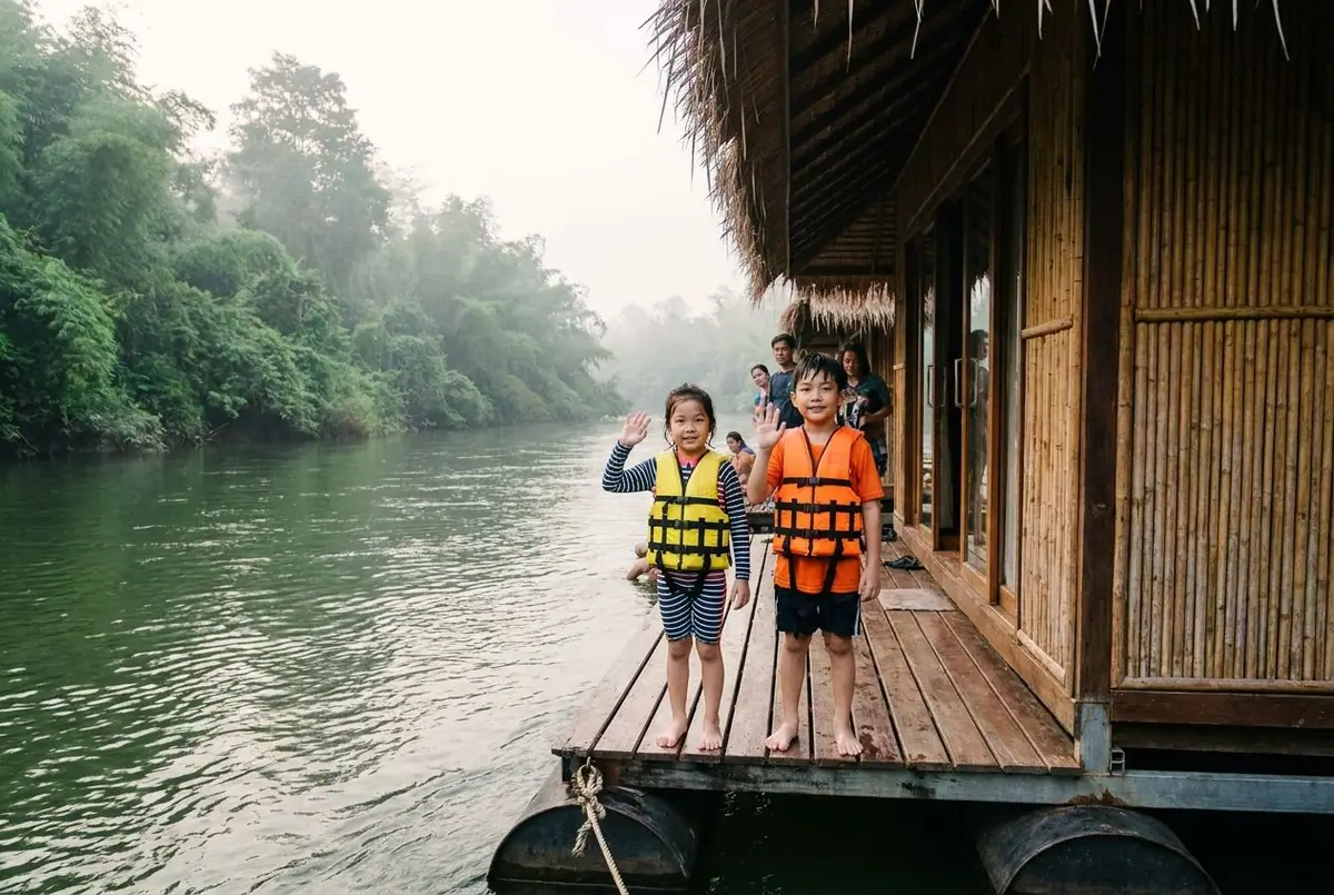 Two children in life jackets waving from the deck of a floating raft house on a green jungle river in morning mist