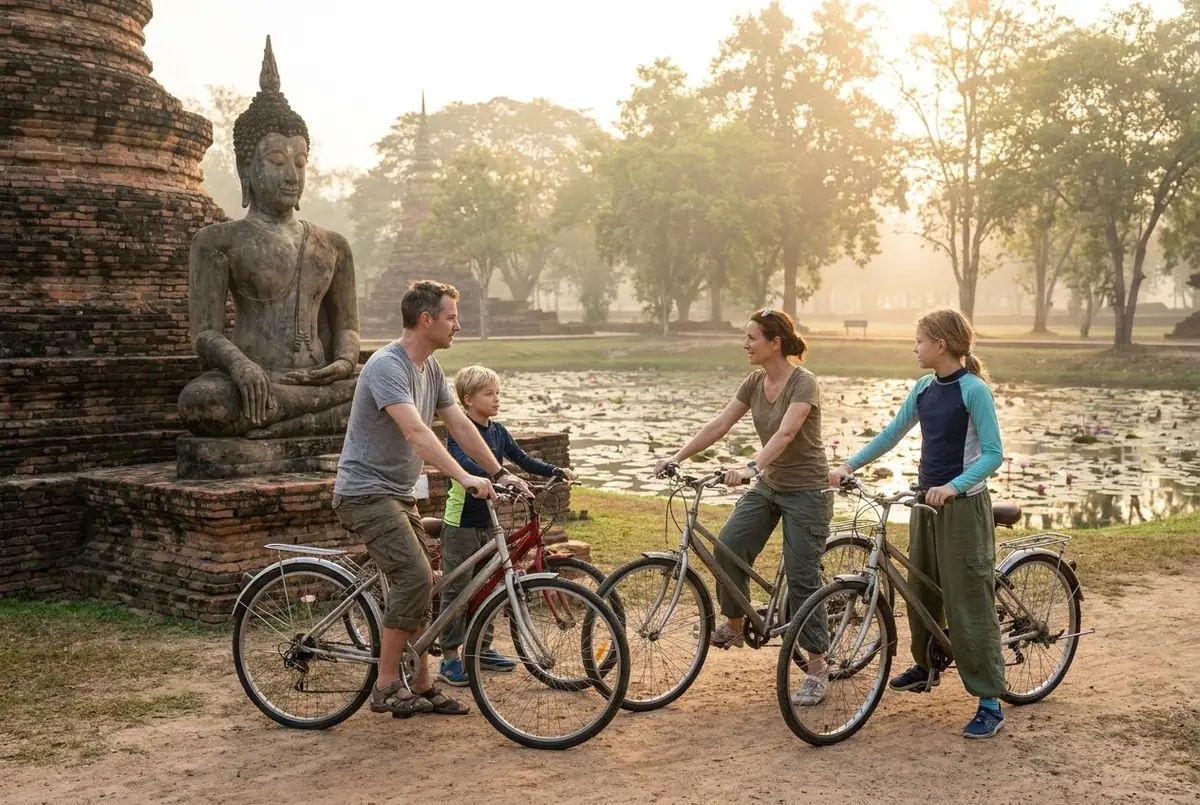 A family with children on bicycles near a large seated Buddha and ruins by a lotus pond in early morning