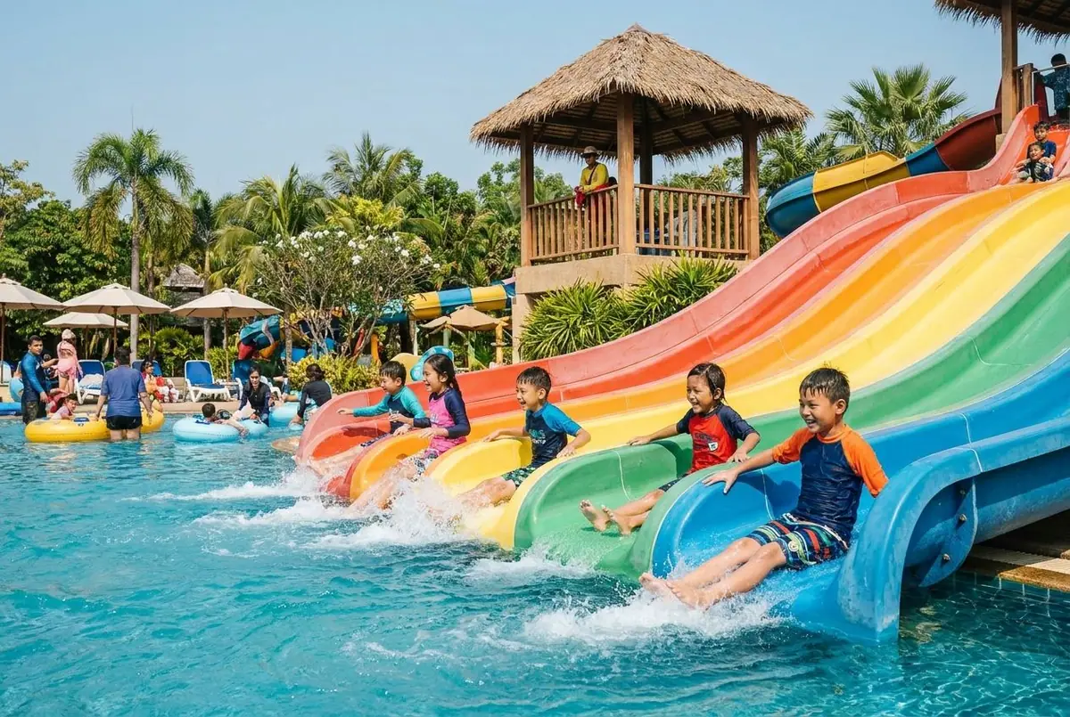 Kids sliding down colorful water slides into a pool at a tropical water park, a lifeguard tower behind